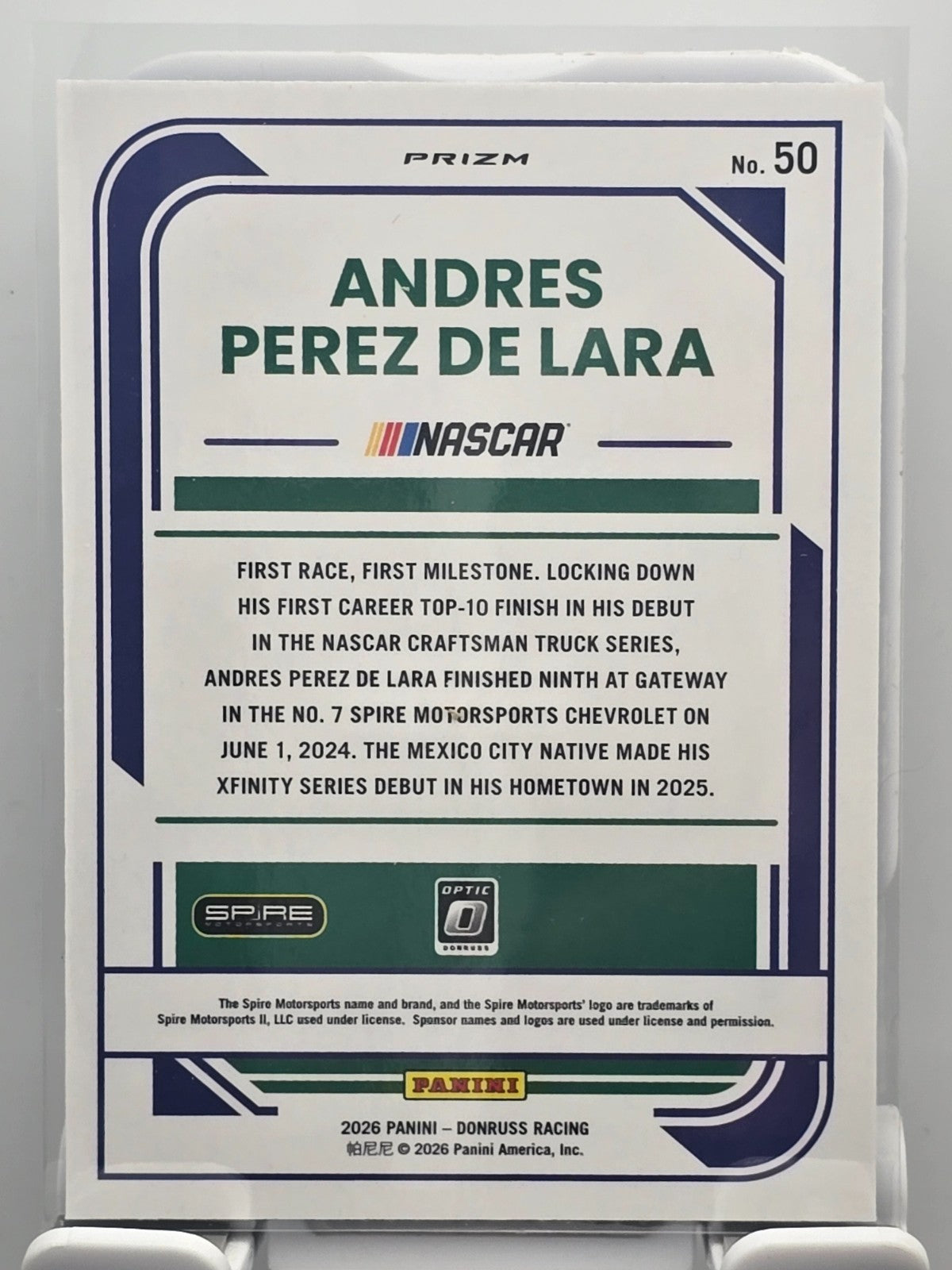 2026 Donruss OPTIC NASCAR Racing - #50 Andres Perez De Lara - Blue Velocity