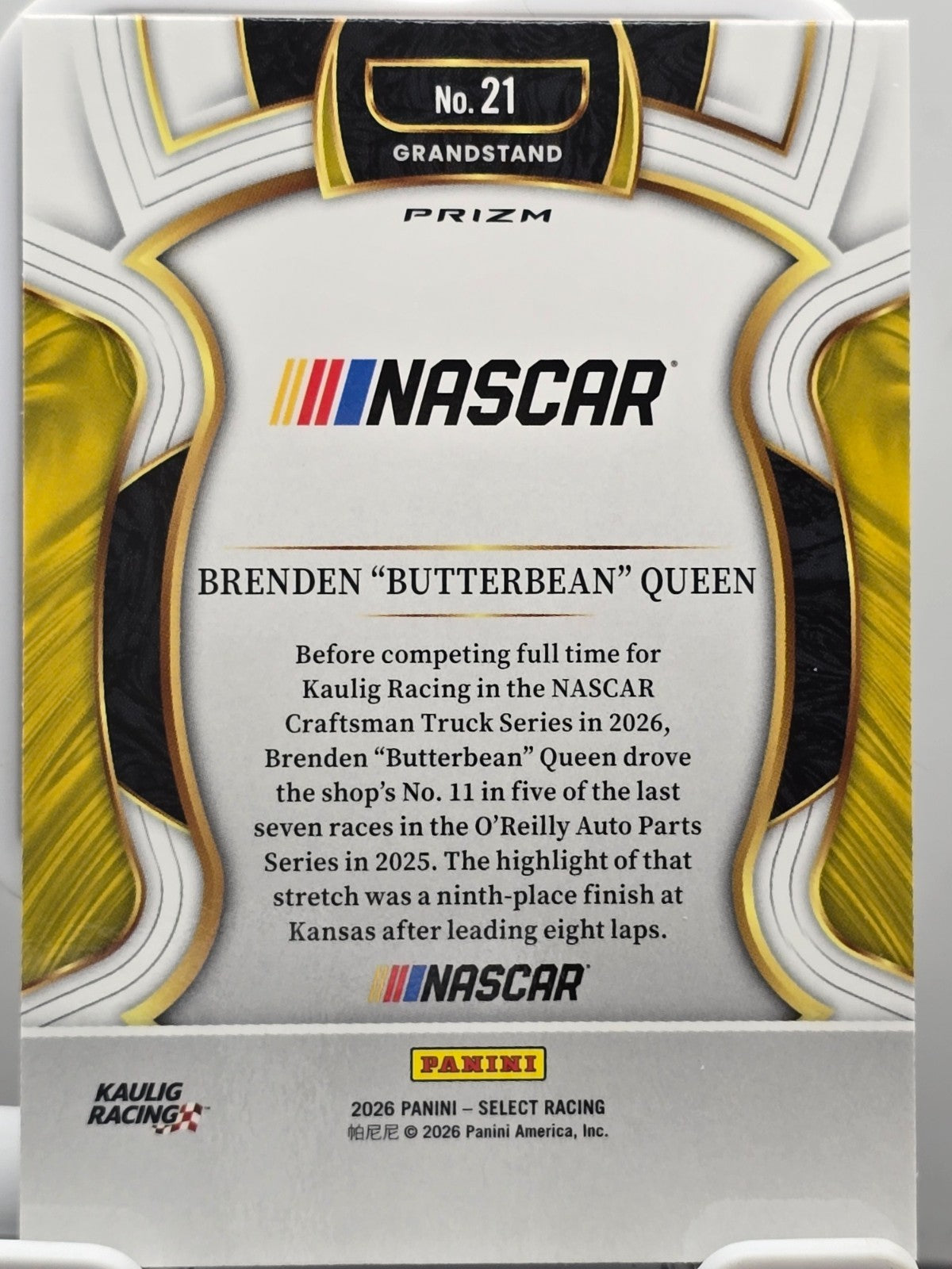 2026 Select Racing - #21 Brenden Queen - Grandstand Silver - Buy 3 Get 1 Free!