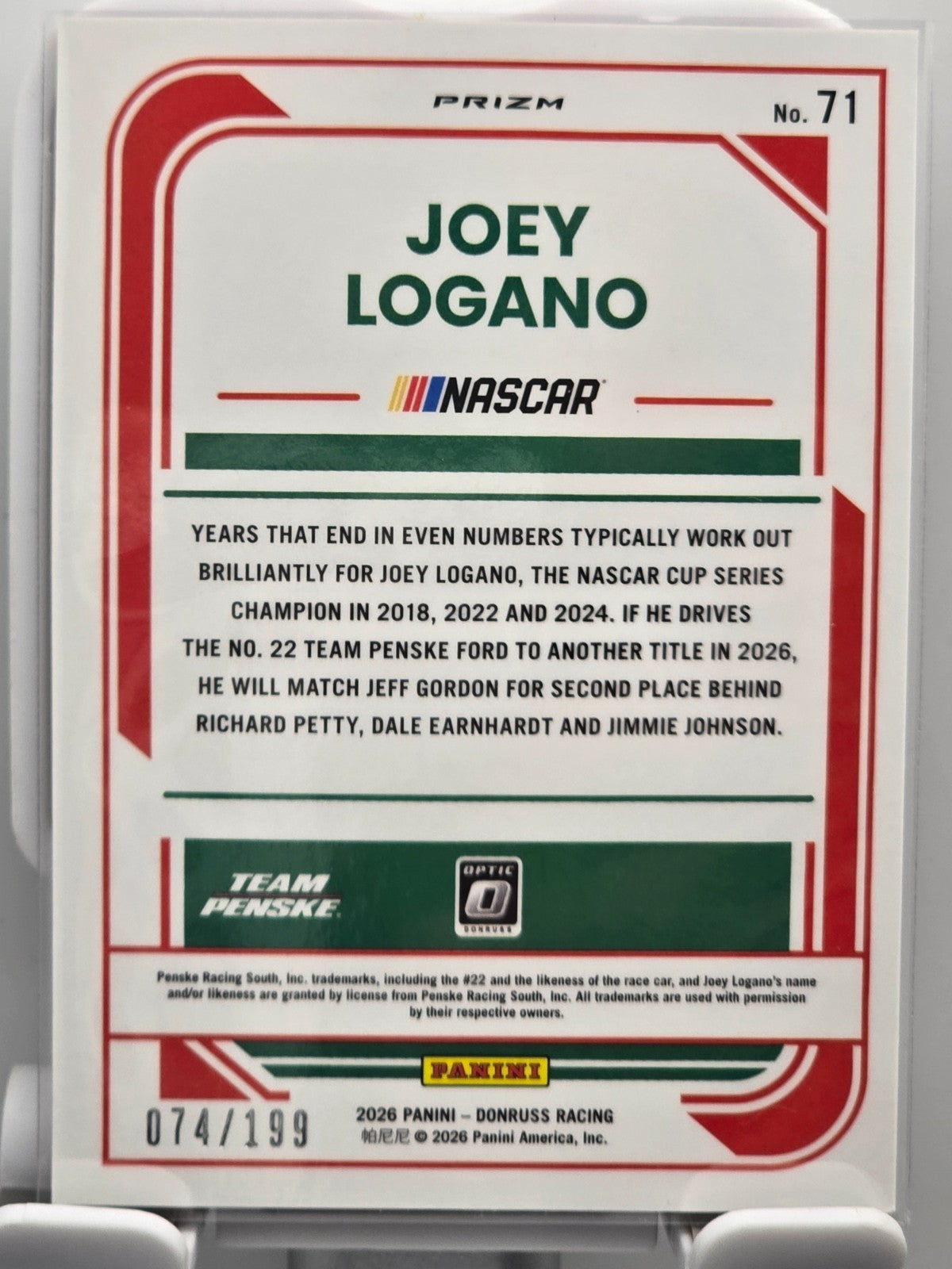 2026 Donruss OPTIC NASCAR Racing - #71 Joey Logano - Red Velocity /199