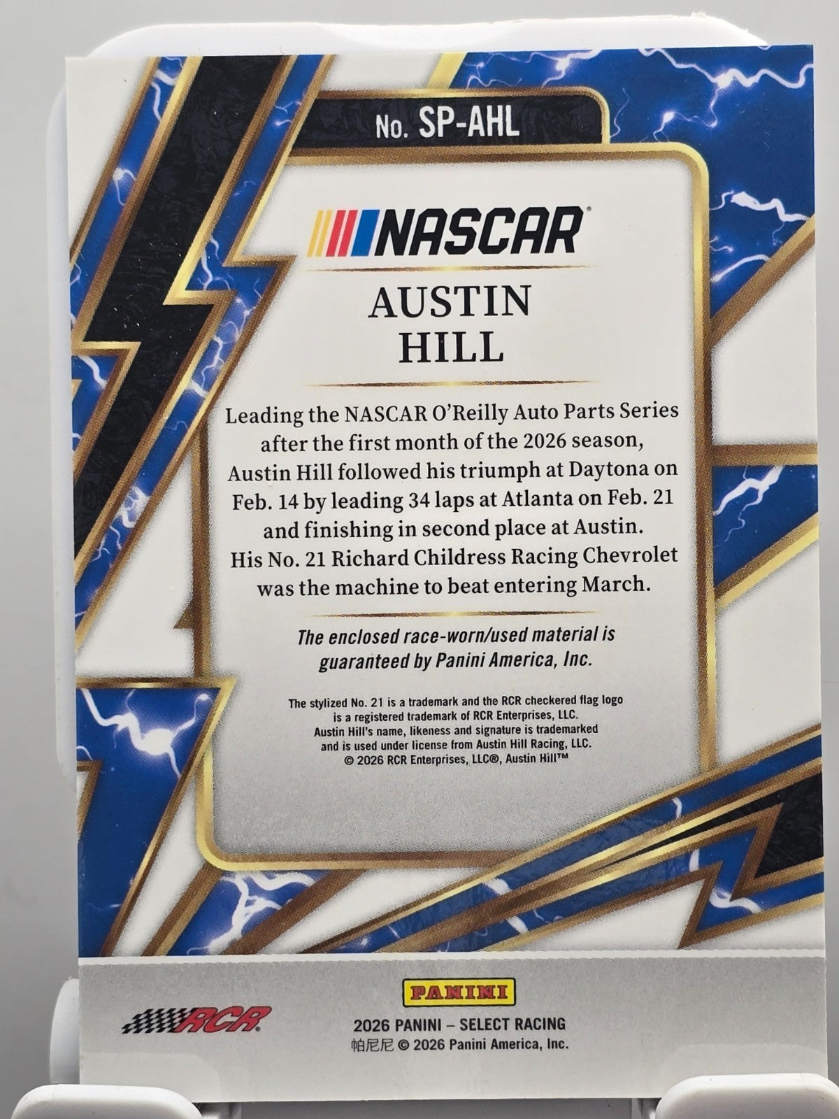 2026 Select Racing - Austin Hill - Sparks - White - #SP-AHL