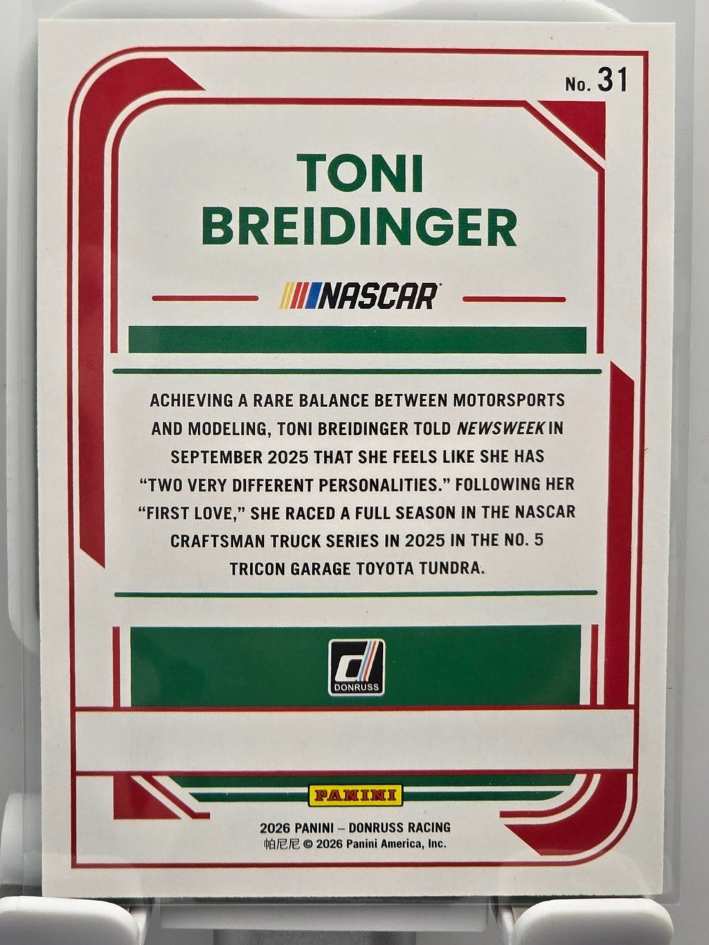 2026 Donruss NASCAR Racing - #31 Toni Breidinger - Lime Green Base /199
