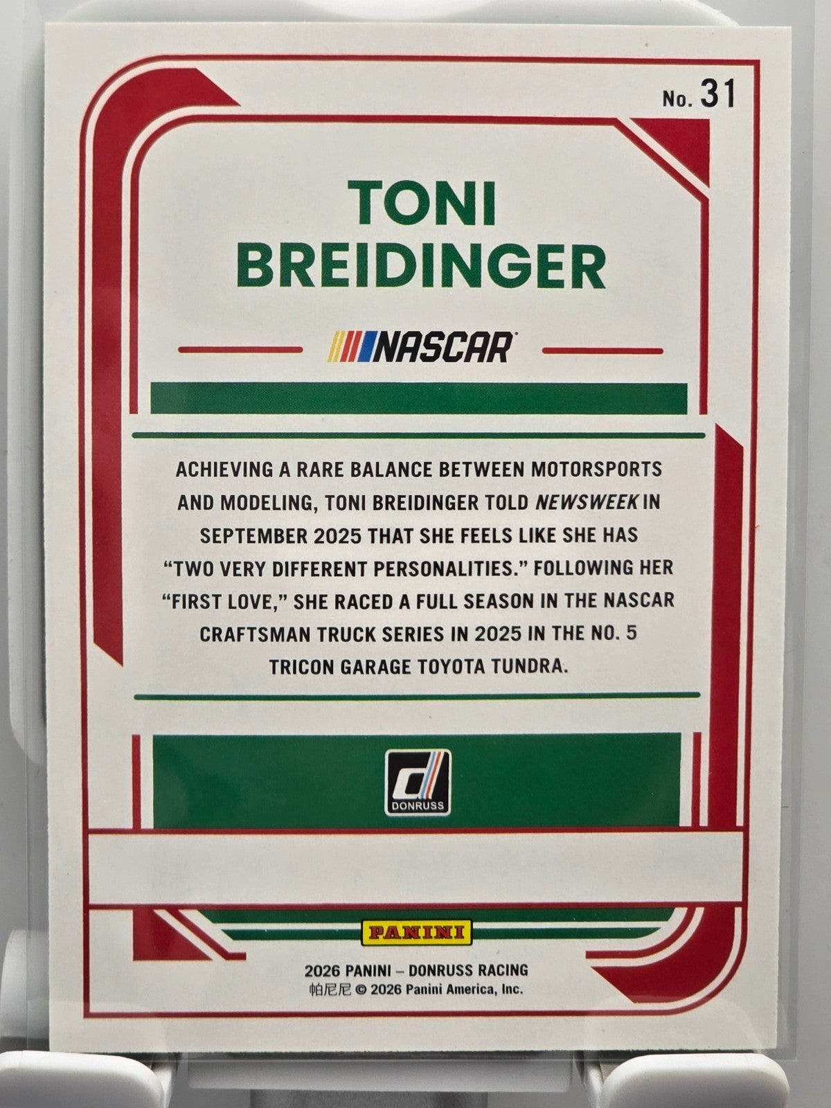 2026 Donruss NASCAR Racing - #31 Toni Breidinger - Lime Green Base /199