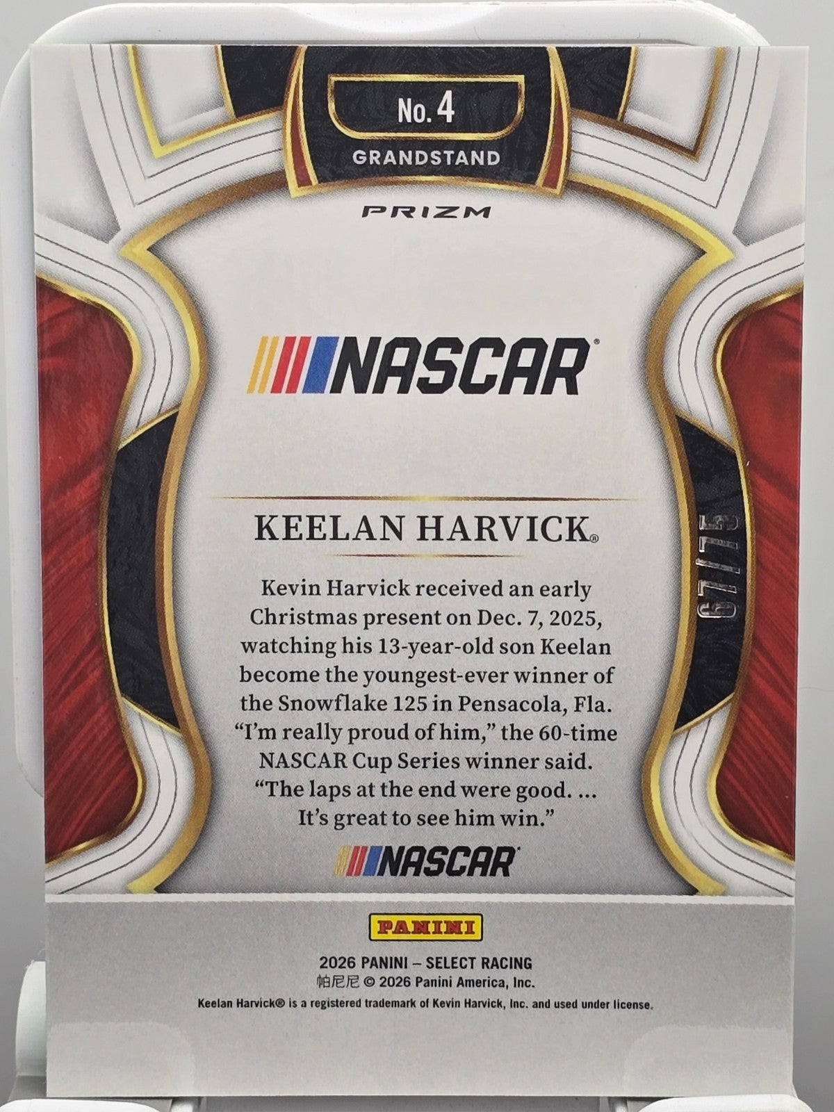 2026 Panini Select Racing - #4 Keelan Harvic (RC) - Grandstand - Lime Green /75