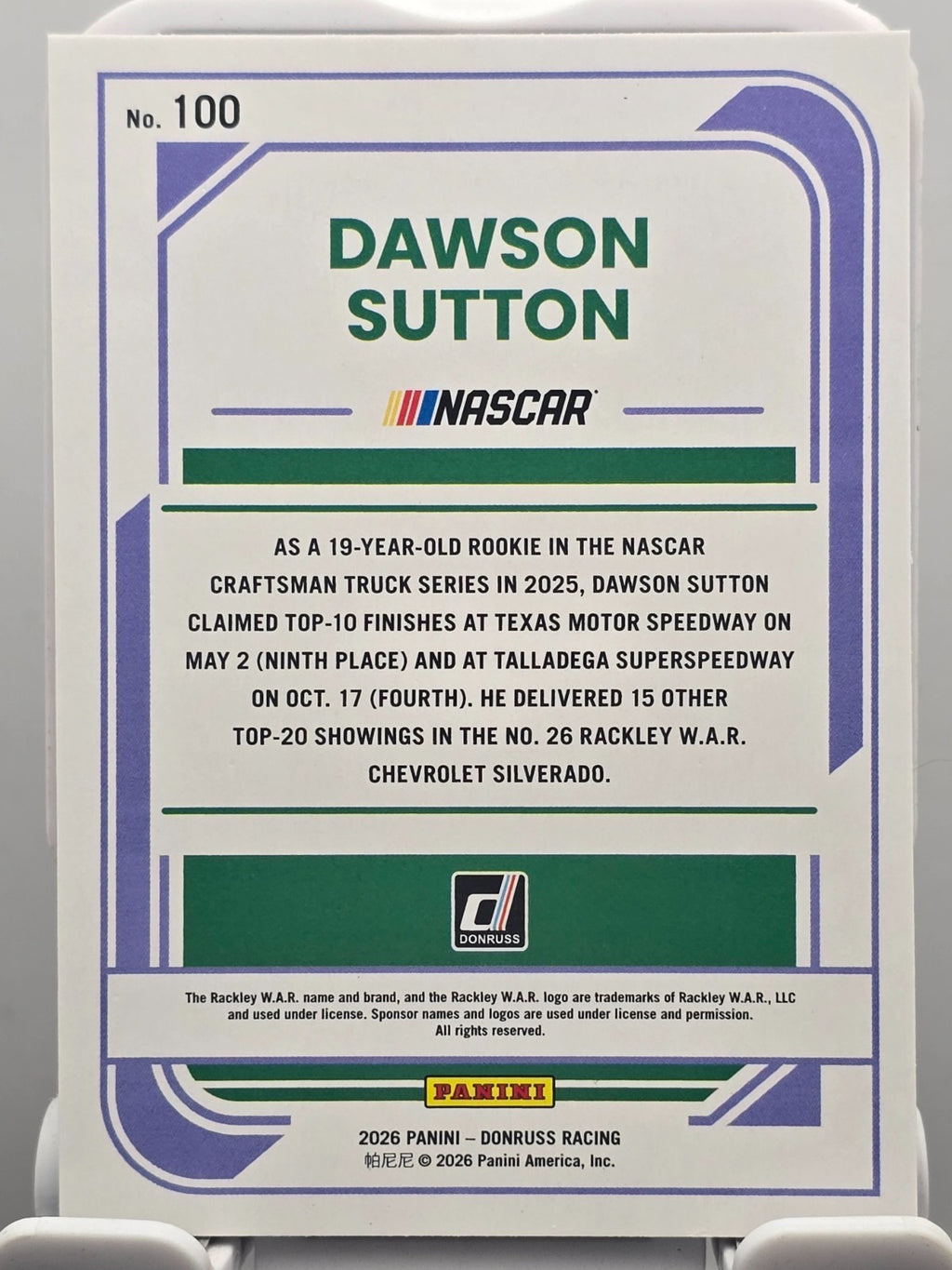 2026 Panini Donruss Racing - Dawson Sutton (RC) #100 - Red & Blue