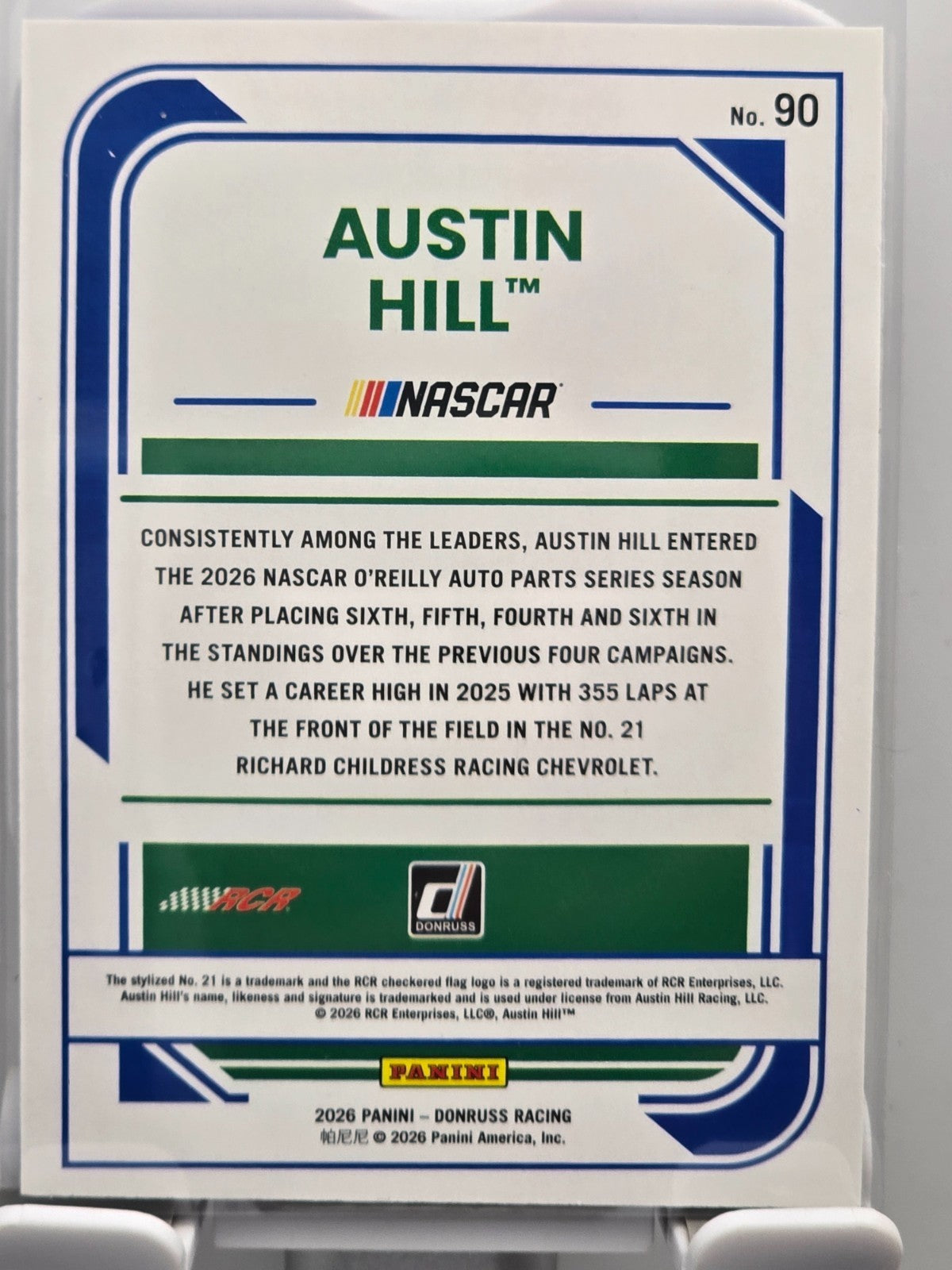 2026 Donruss NASCAR Racing - #90 Austin Hill - Blue Base /199
