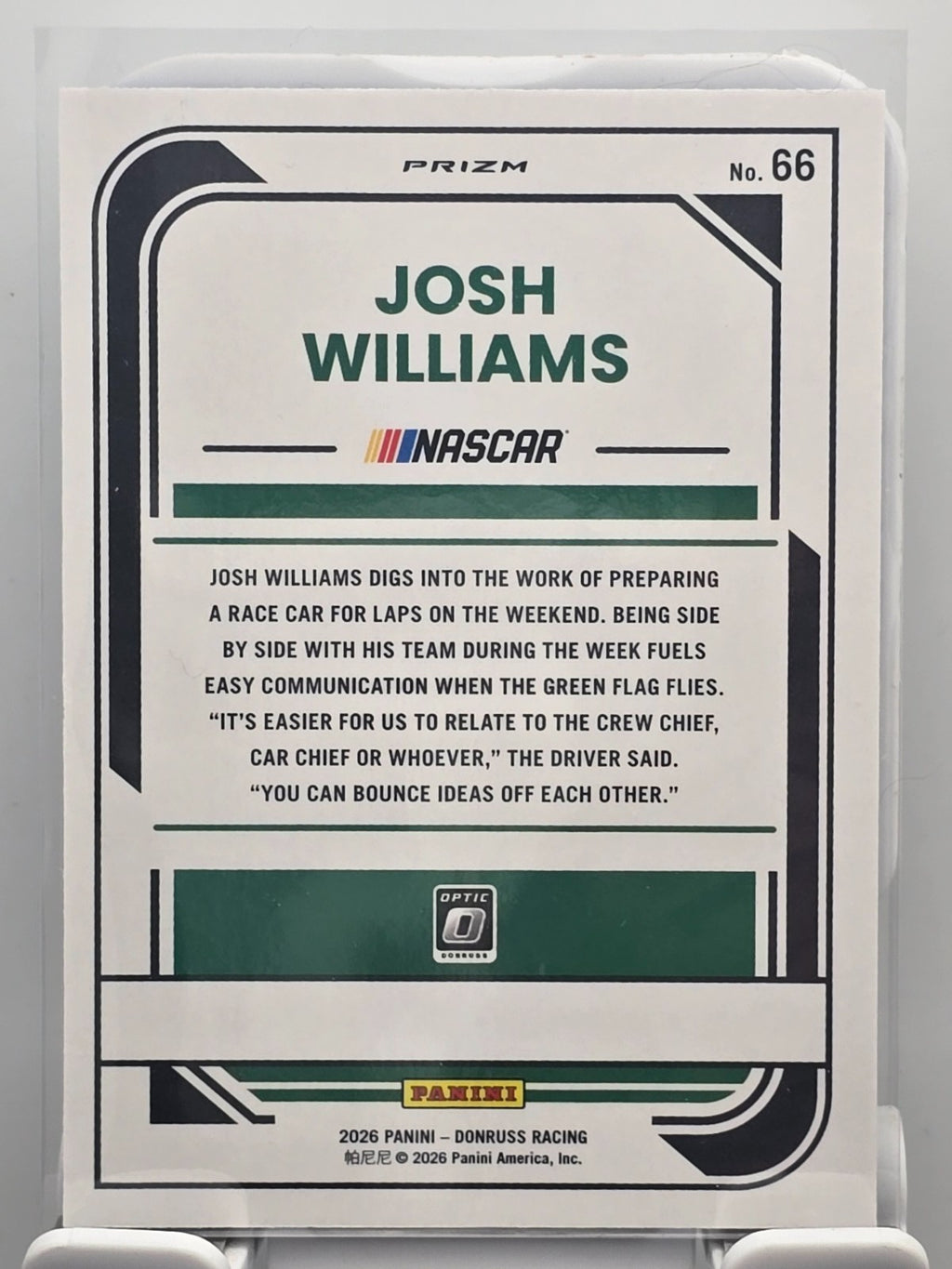 2026 Donruss OPTIC NASCAR Racing - #66 Josh Williams - Blue Velocity