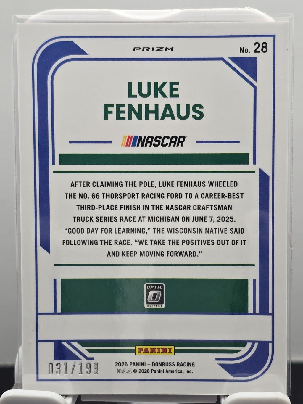 2026 Donruss Optic Racing - #28 Luke Fenhaus - Red /199