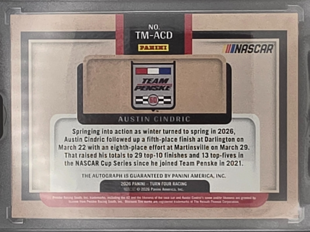 2026 Panini Turn Four Racing - Austin Cindric - Team Icon Auto - #TM-ACD /99