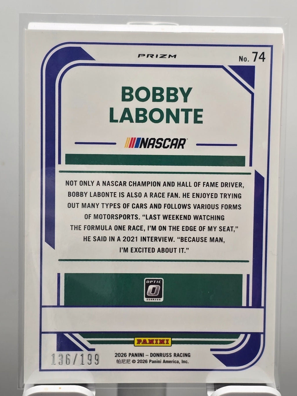2026 Donruss NASCAR Optic Racing - #74 Bobby Labonte - Red Velocity /199
