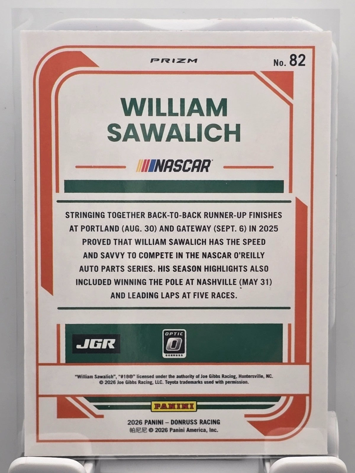 2026 Donruss OPTIC NASCAR Racing - #82 William Sawalich - Blue Velocity
