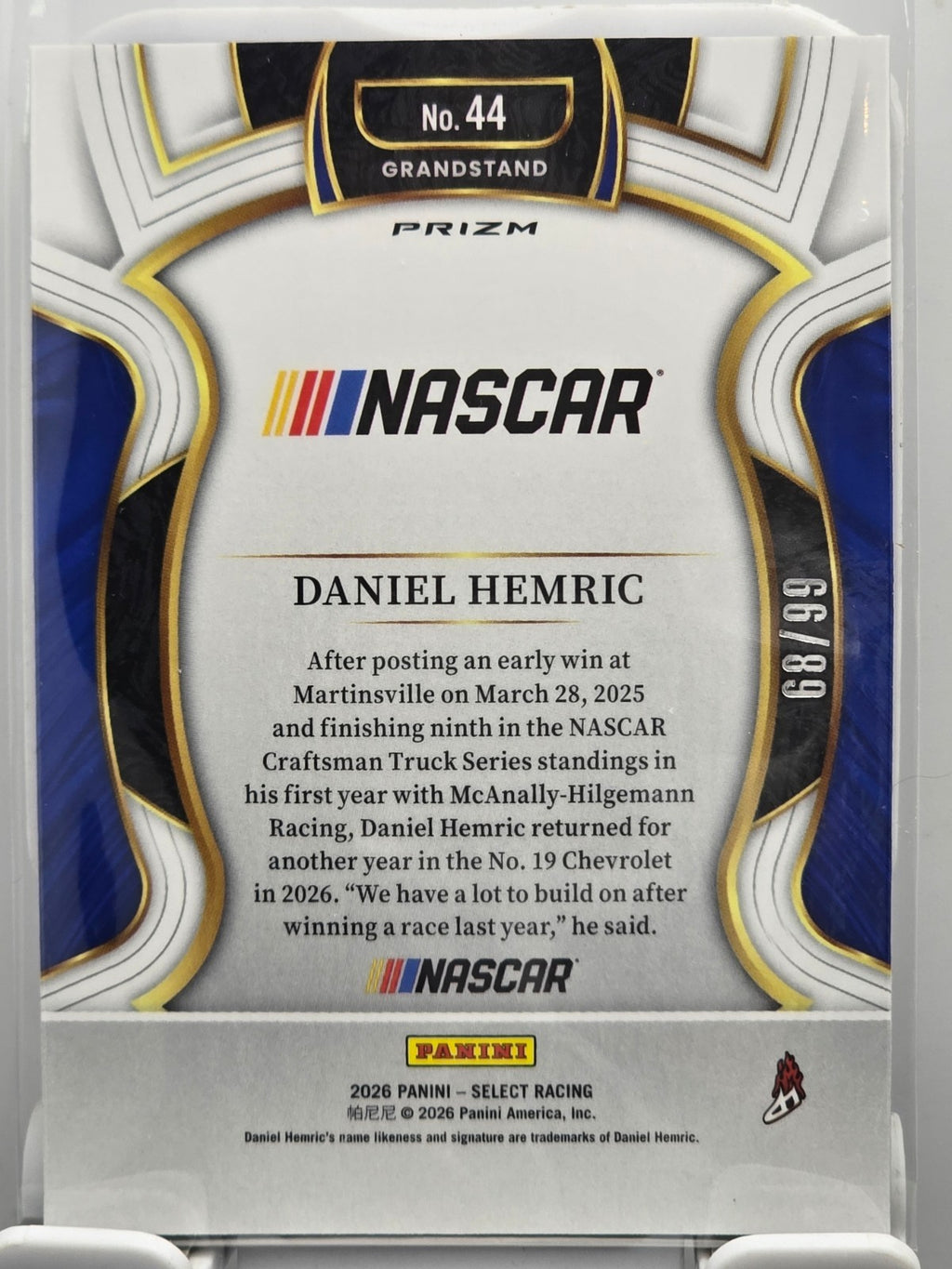 2026 Select Racing - #44 Daniel Hemric - Grandstand - White /99