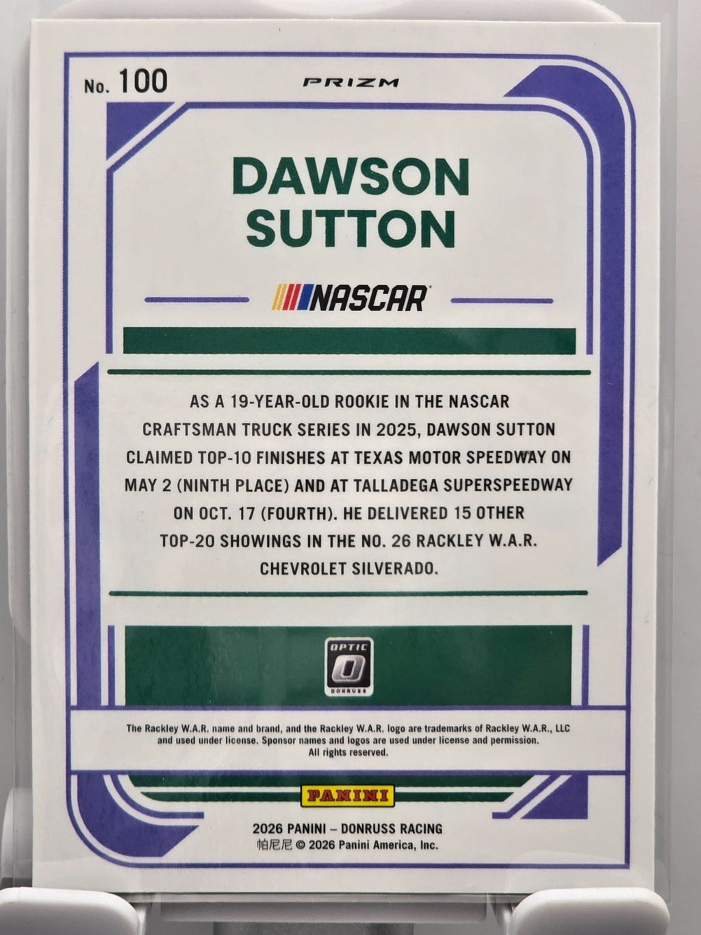 2026 Donruss OPTIC NASCAR Racing - #100 Dawson Sutton RC - Orange Velocity