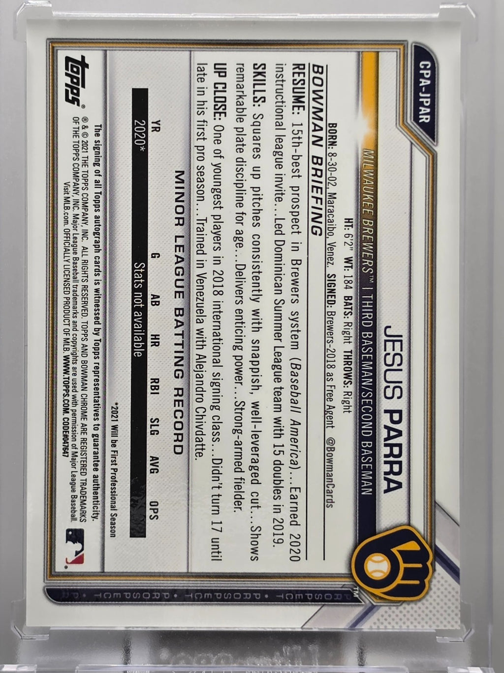 2021 Bowman Chrome - Jesus Parra  - Autograph - #JPAR