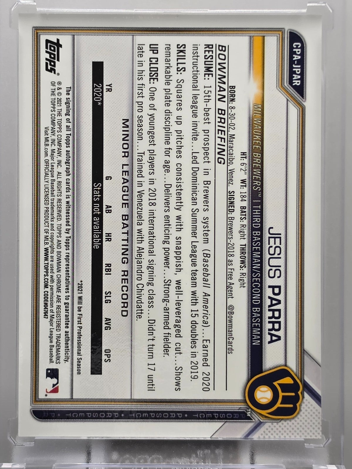 2021 Bowman Chrome - Jesus Parra  - Autograph - #JPAR