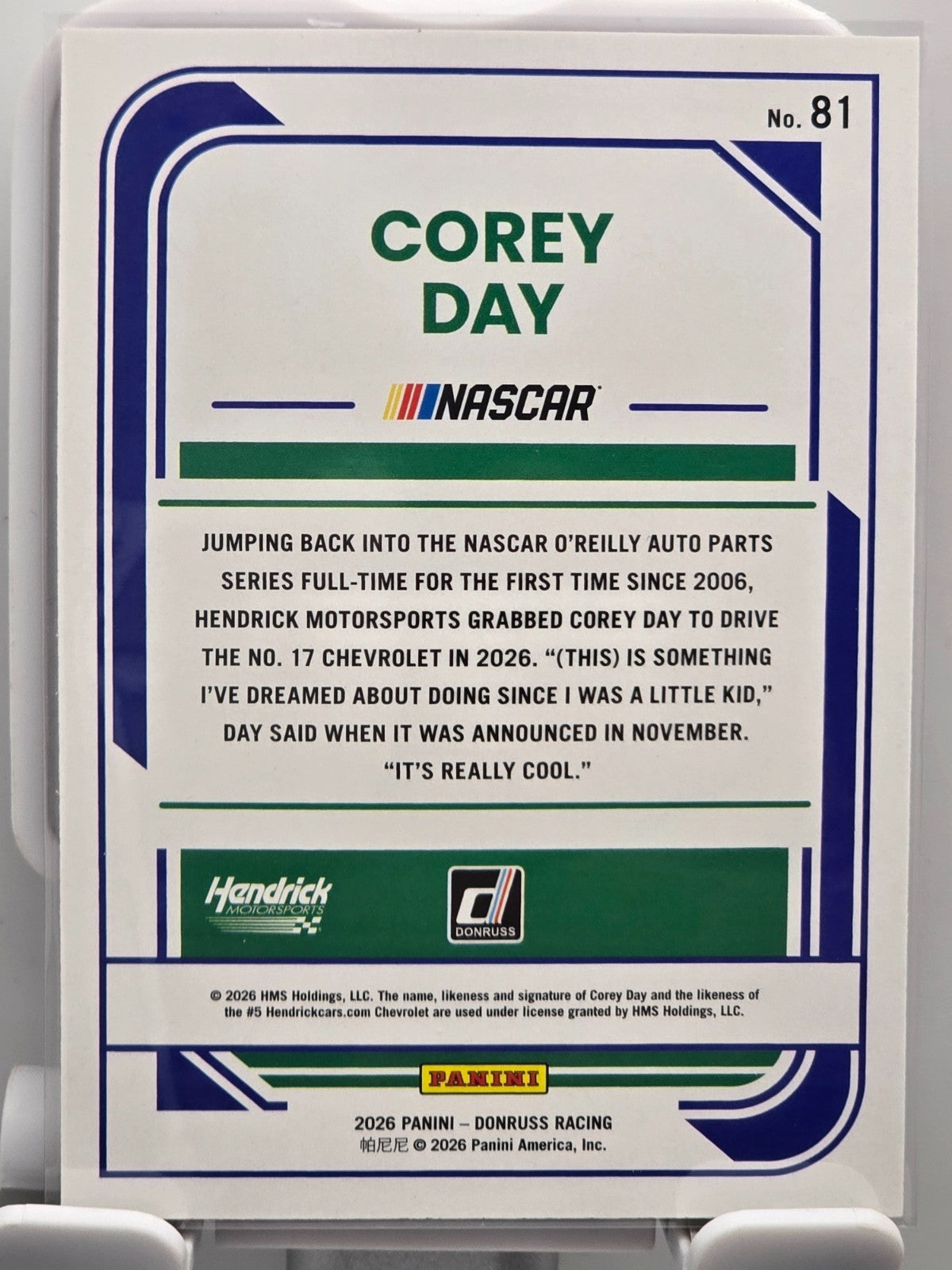 2026 Donruss NASCAR Racing - #81 Corey Day - Red Base /299