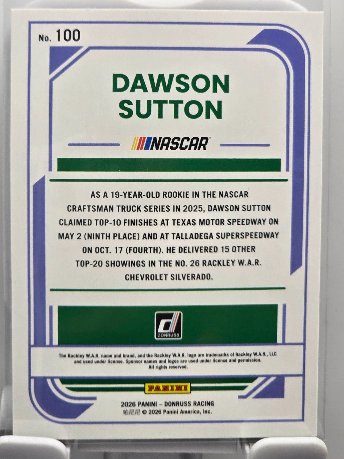 2026 Donruss NASCAR Racing - #100 Dawson Sutton RC - Laser Base SP