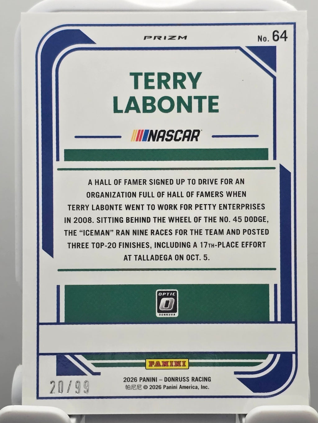 2026 Panini Donruss Optic Racing - Terry Labonte #64 - Carolina Blue /99