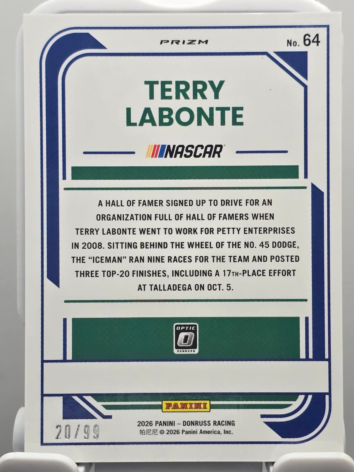 2026 Panini Donruss Optic Racing - Terry Labonte #64 - Carolina Blue /99