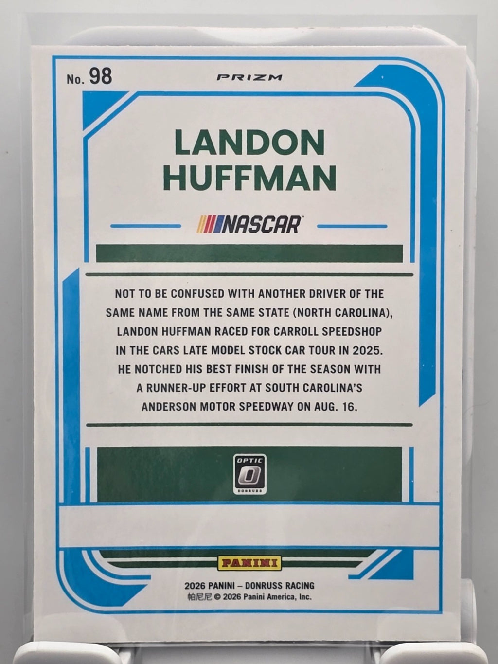 2026 Donruss OPTIC NASCAR Racing - #98 Dawson Sutton RC - Blue Velocity