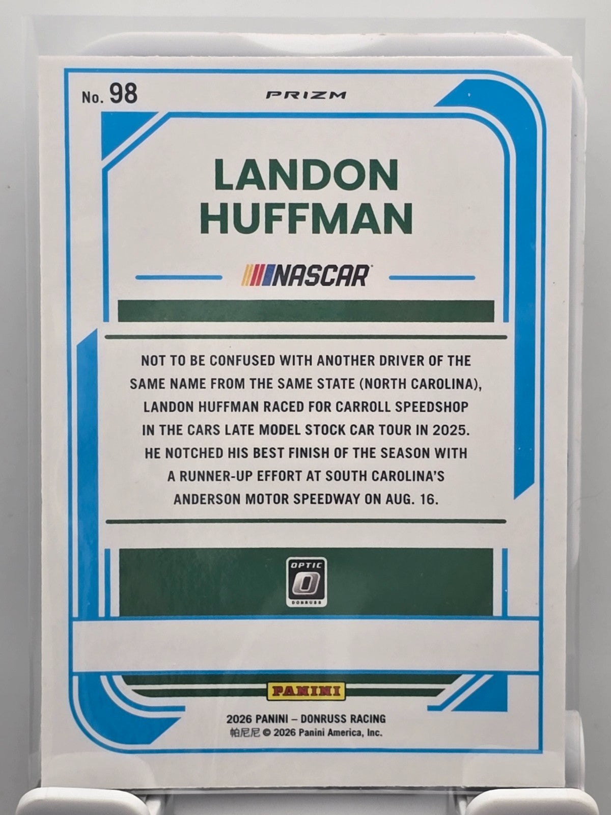 2026 Donruss OPTIC NASCAR Racing - #98 Dawson Sutton RC - Blue Velocity