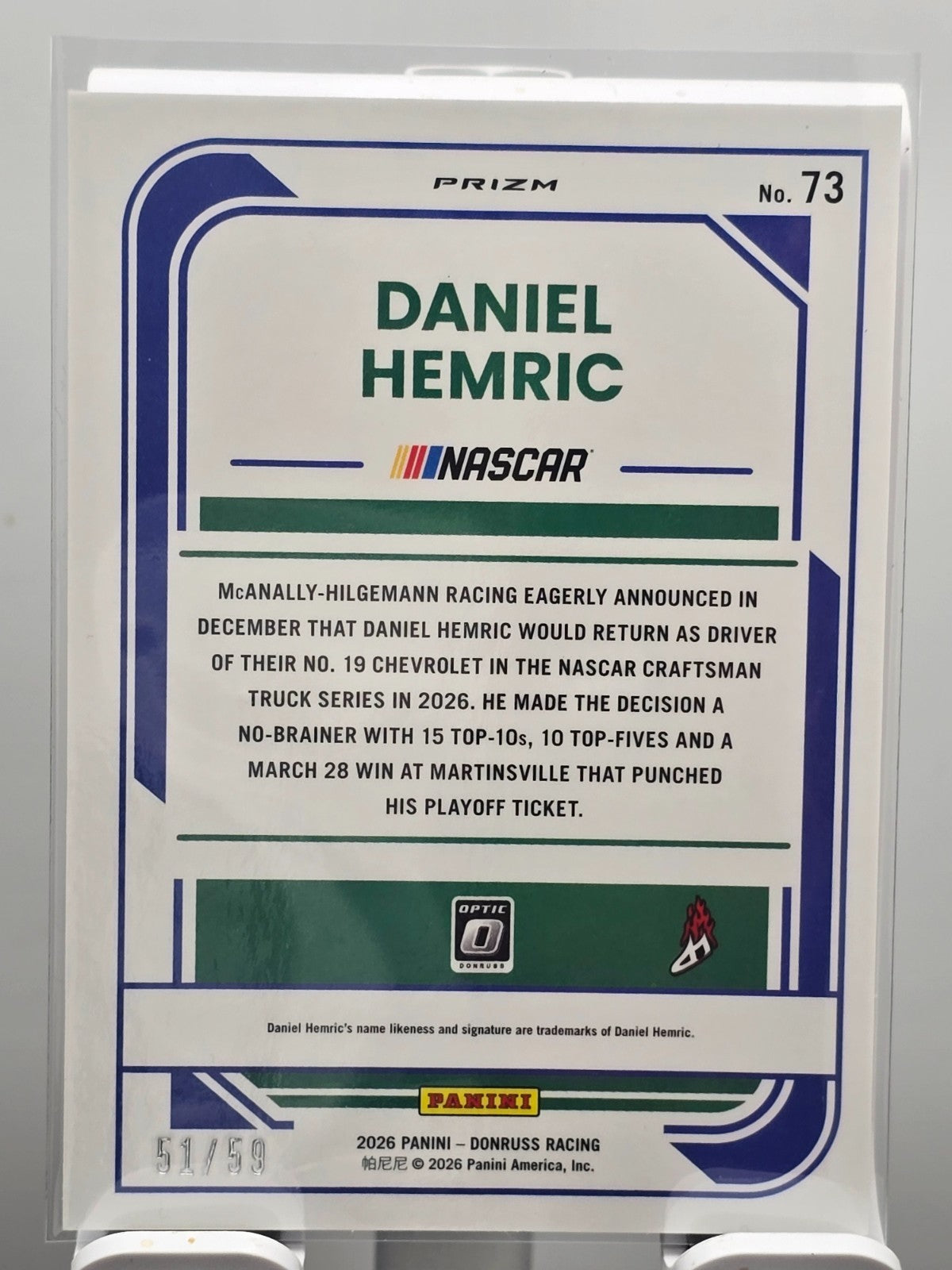 2026 Donruss NASCAR Optic Racing - #73 Daniel Hemric - Purple Velocity /59