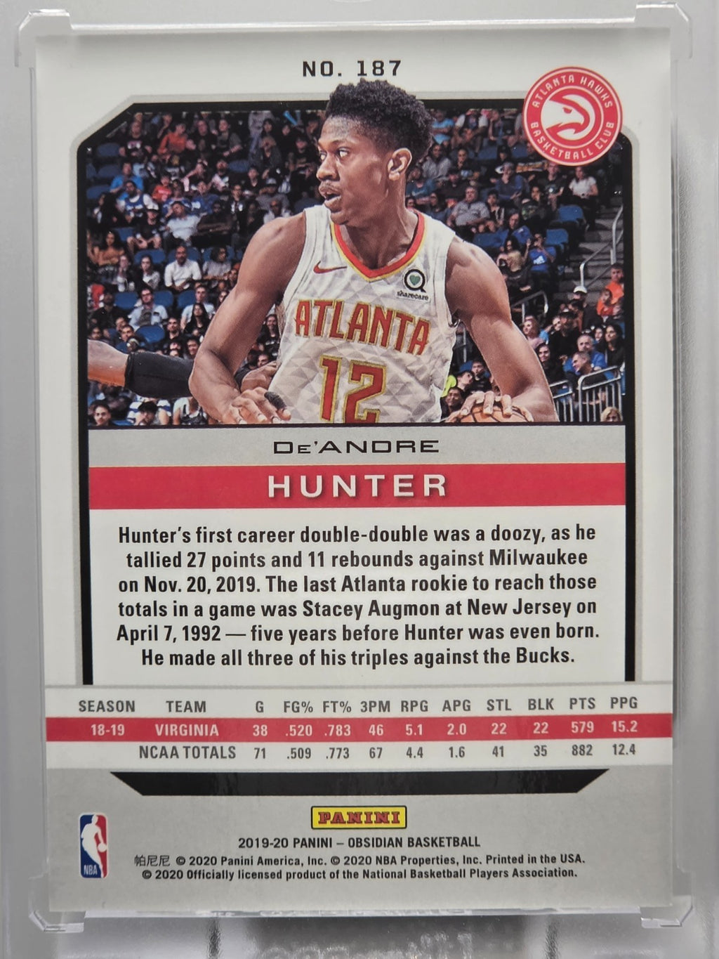 2019-20 Panini Obsidian - De'Andre Hunter (RC) - Rookie Base - #187
