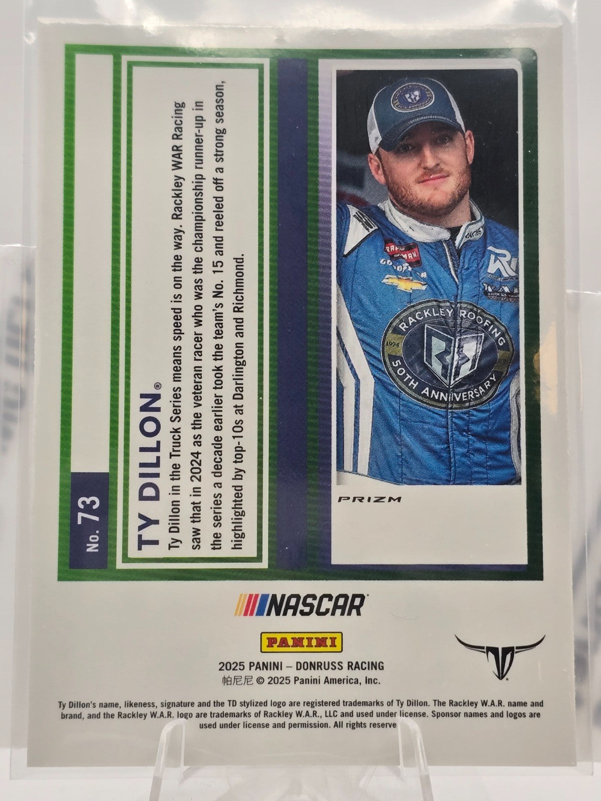 2025 Donruss Optic NASCAR Racing - #73 Ty Dillon - Orange Velocity Prizm