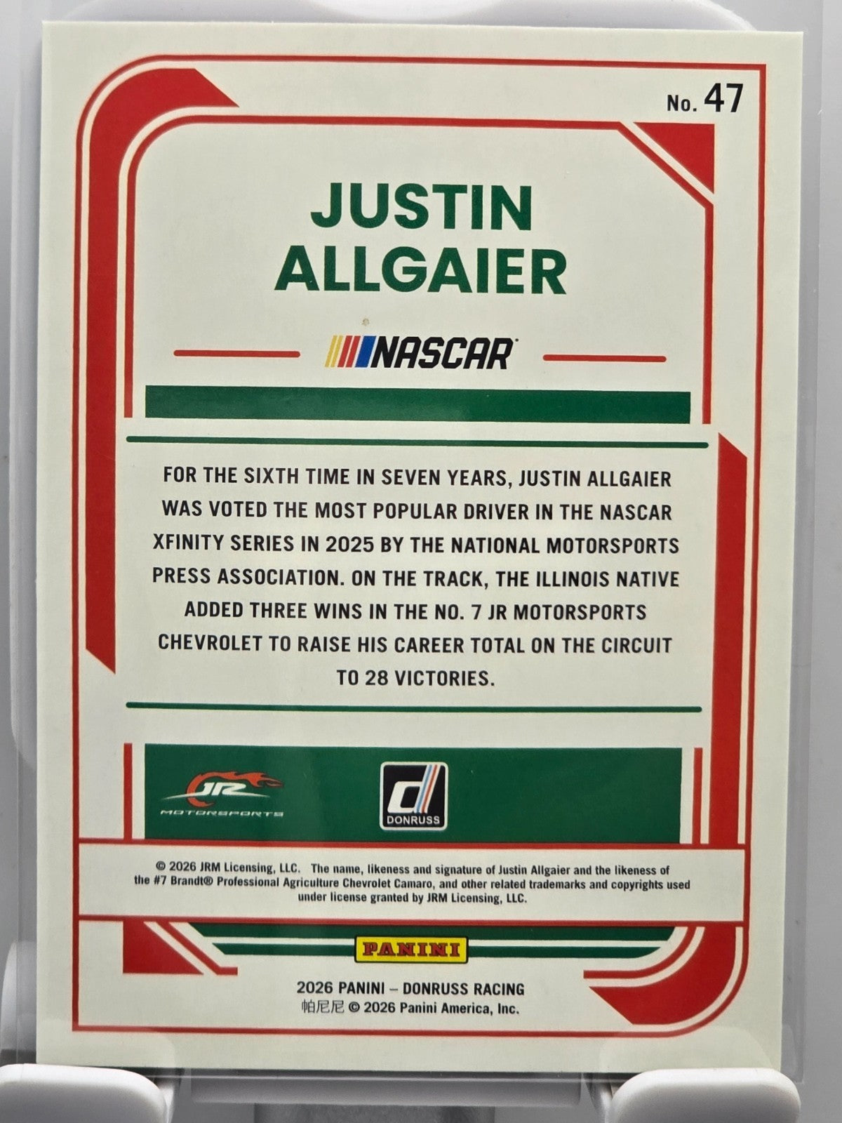 2026 Donruss NASCAR Racing - #47 Justin Allgaier - Laser Base SP