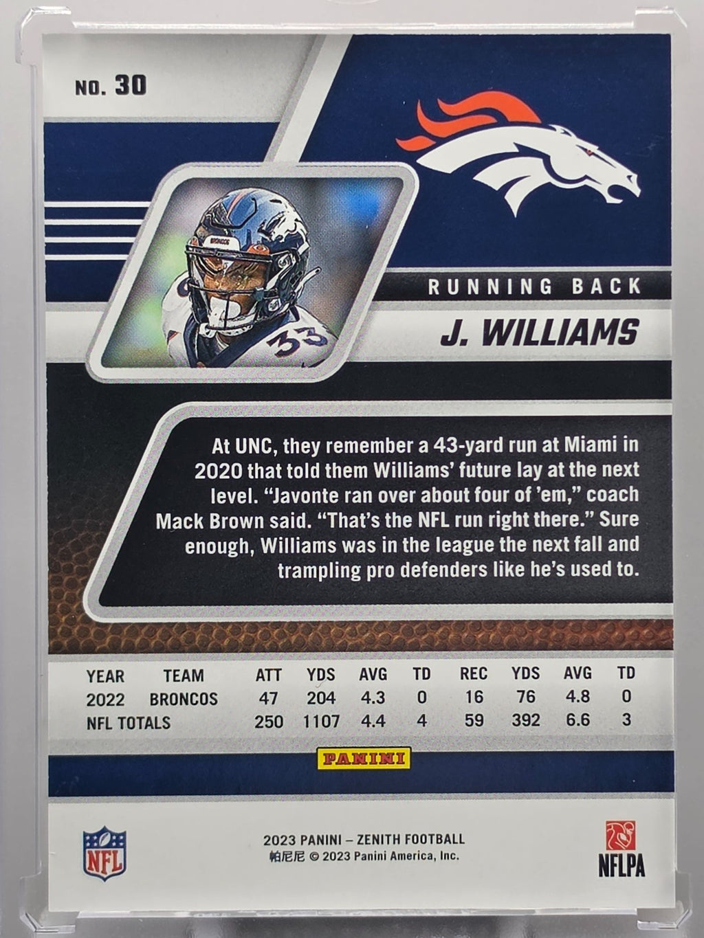 2023 Panini Zenith - Jonte Williams - First Down /100 - #30