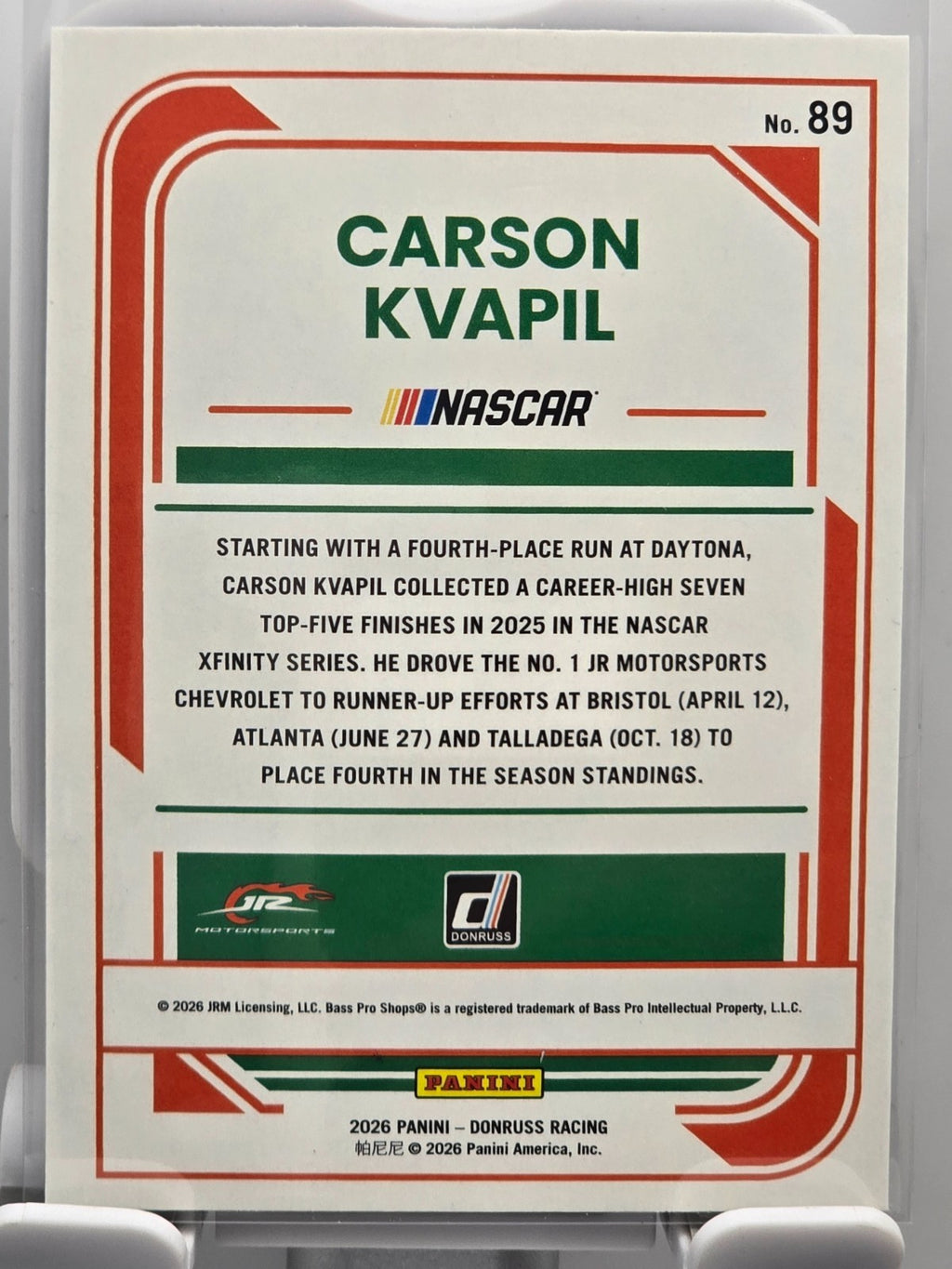 2026 Donruss NASCAR Racing - #89 Carson Kvapil - Laser Base SP