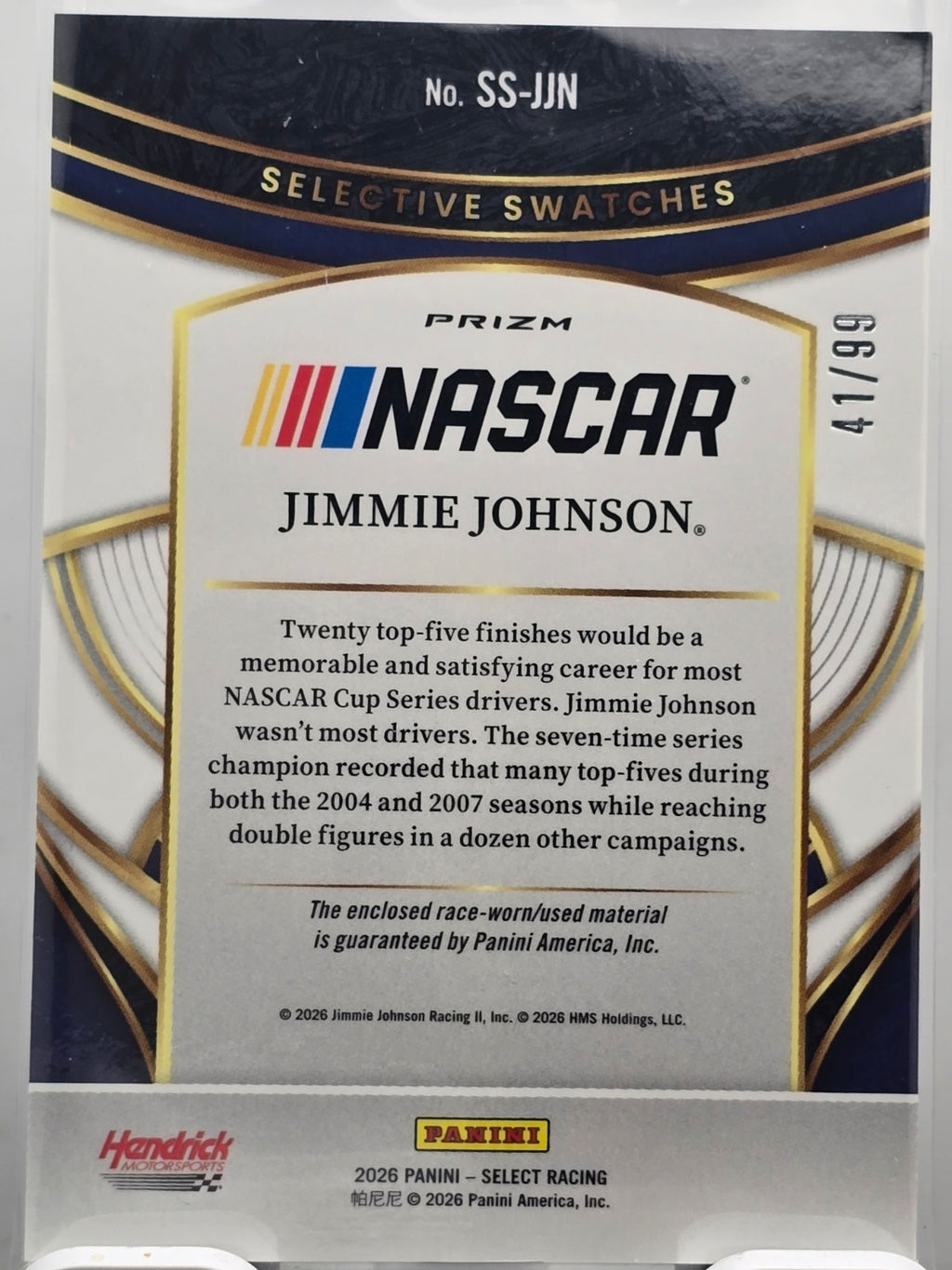 2026 Select Racing - #SS-JJN Jimmie Johnson - Selective Swatches - Red /99