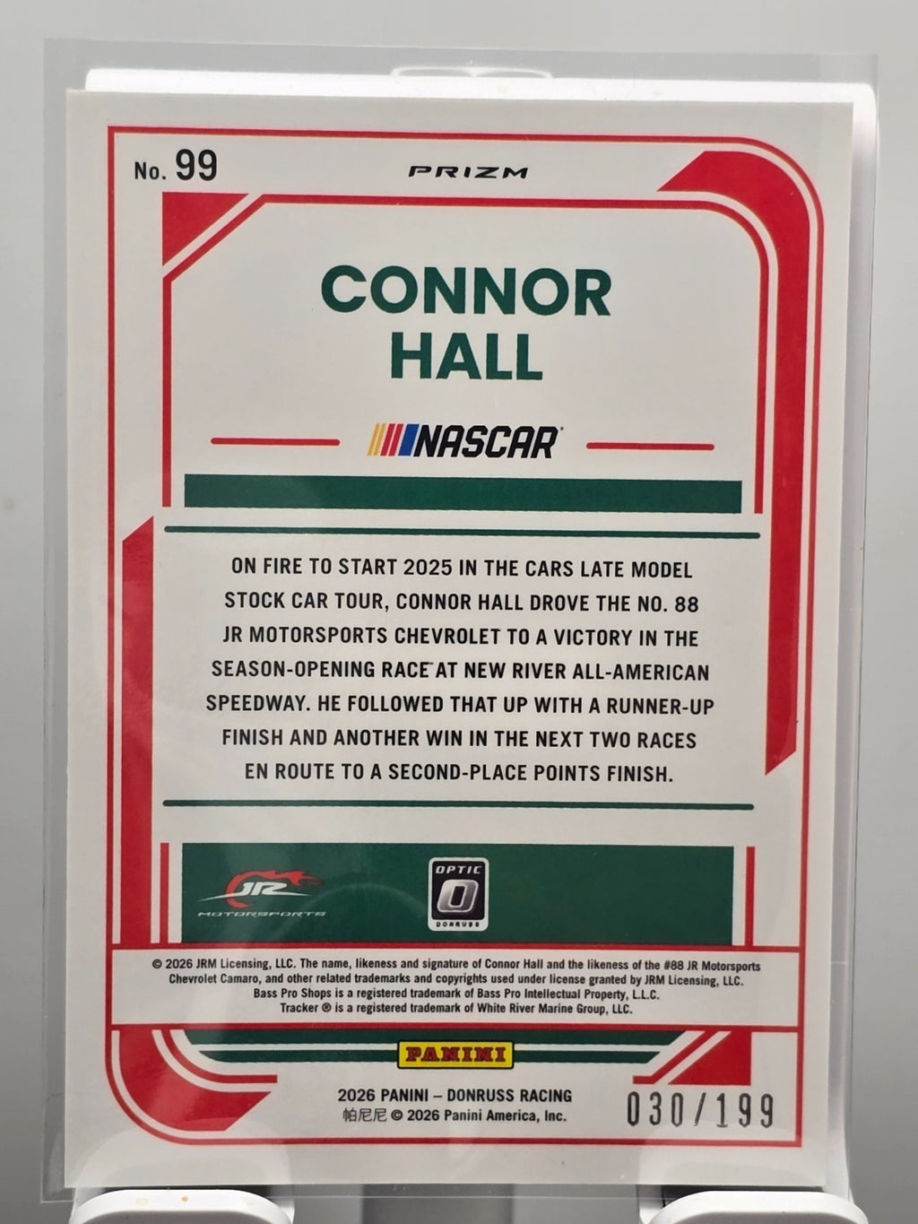 2026 Donruss NASCAR Optic Racing - #99 Connor Hall RC - Red Velocity /199